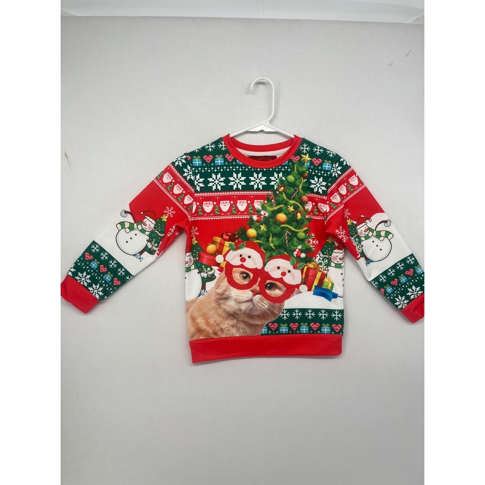 BesserBay Christmas Cat Santa Glasses Sweatshirt Holiday Graphic Red Green Kids